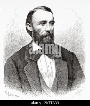 Porträt von Ferdinand Vandeveer Hayden (1829-1887) war ein amerikanischer Geologe, der für seine bahnbrechenden Vermessungsexpeditionen in den Rocky Mountains im späten 19.. Jahrhundert bekannt war. Er war auch ein Arzt, der während des Bürgerkrieges bei der Unionsarmee diente. Der US-Nationalpark von Ferdinand Vandeveer Hayden, Gustavus Cheyney Doane und Nathaniel Pitt Langford, 1870-1872 Stockfoto