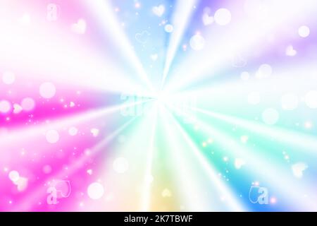 Holographischer, radialer Foliengradient-Hintergrund mit Sternherzen und Bokeh. Fantasy Kreis konische Textur. Regenbogen Einhorn Tapete. Vektor Stock Vektor