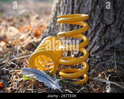 Die Federn Ohlins für einen Stoßdämpfer in der Nähe eines Baumes fotografiert. Stockfoto