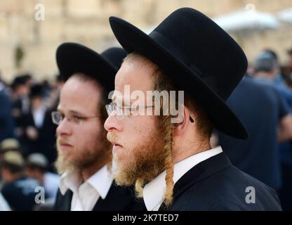 Orthodoxe jüdische Männer an der Klagemauer im jüdischen Viertel in der Altstadt von Jerusalem, Israel. Stockfoto