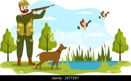 Jäger mit Jagdgewehr oder Waffe Schießen auf Vögel oder Tiere im Wald auf flache Cartoon Hand Zeichnung Vorlage Illustration Stock Vektor