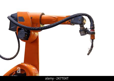 Orange Schweißroboter Arm für die Automatisierung Metallschweißindustrie Fabrik isoliert auf weiß Stockfoto