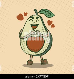 Kawaii Avocado zeigen Liebe Hand funky Maskottchen Cartoon-Charakter. Isolierte Avocado-Symbol Vintage-Stil Illustration Stock Vektor