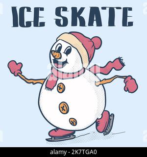 Funky Schneemann Eislaufen Retro Maskottchen . Winteraktivität . Vintage-Stil Ikone Illustration Stock Vektor
