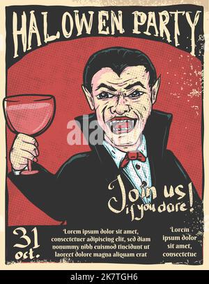 halloween Party Einladung Poster. Draculla hält Weinglas. Vintage-Stil Vektor-Illustration Stock Vektor
