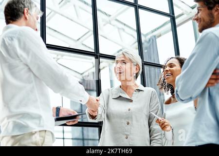 Lächelnde Geschäftsfrau schüttelt sich die Hände mit ihrer Kollegin. Stockfoto