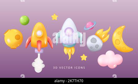 Space 3D Icon Set - Rakete, Planeten, Mond, Meteorit. Realistische Glossy 3D Galaxy Objekte. Futuristisches Kosmisches Design. Vektorgrafik Stock Vektor
