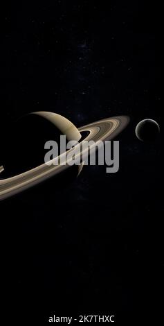 Satellit Rhea, Saturnmond, der im Weltraum umkreist Stockfoto