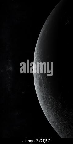 Abnehmender Mondsatellit, der sich im Weltraum dreht Stockfoto