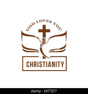 christentum Religion Ikone mit Heiliger Geist Taube und Kreuz. Christliche Gemeinde oder Kirche skizzieren Vektor-Zeichen. Christliches Beichtwappen-Emblem oder Symbol mit Taubenvögel und Bibelseiten Stock Vektor