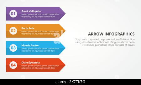Infografik-Präsentationsvorlage im Arrow-Stil mit moderner flacher Farbe und einem Vektor mit 4 Pfeilen auf der linken Seite Stockfoto