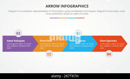 Infografik-Präsentationsvorlage im Pfeilstil mit moderner, flacher Farbe und einem Vektor mit 4 Pfeilrichtung nach rechts Stockfoto