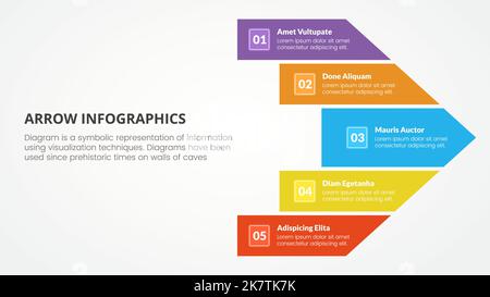 Infografik-Präsentationsvorlage im Pfeilstil mit moderner, flacher Farbe und einem Richtungsvektor mit 4 Pfeilen auf der rechten Seite Stockfoto