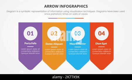 Infografik-Präsentationsvorlage im Pfeilstil mit moderner flacher Farbe und horizontalem Richtungsvektor mit 4 Pfeilen Stockfoto