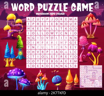 Finden Sie eine Farbe von außerirdischen magischen Pilzmützen Wortsuche Puzzle Quiz Spiel Arbeitsblatt. Kids Quiz Grid, Kindergarten Kinder Puzzle-Spiel oder Kind logischen Vektor Rätsel mit Worten in Buchstaben finden Aufgabe Stock Vektor