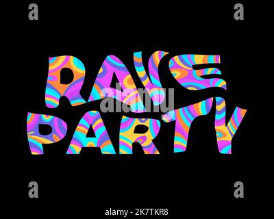 Text-Banner für Rave-Party. Rave psychedelisch. Gestreifter Text im Hipster-Stil. Buchstaben in Scheiben geschnitten und in verschiedenen Farben bemalt. Design für Poster und Stock Vektor