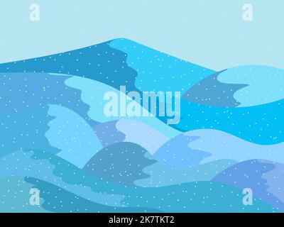 Winterlandschaft mit verschneiten Hügeln. Berglandschaft im flachen Stil, winterliches kaltes Wetter. Blick auf die verschneiten Hügel. Design für Plakate, Reisebüros Stock Vektor