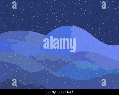 Winterlandschaft mit verschneiten Hügeln. Berglandschaft im flachen Stil, winterliches kaltes Wetter. Blick auf die verschneiten Hügel. Design für Plakate, Reisebüros Stock Vektor