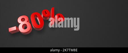 80 % Rabatt. Bieten Sie einen Verkauf an. 3D Abbildung isoliert auf Schwarz. Horizontales Banner Stockfoto