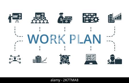 Symbol für Arbeitsplan festgelegt. Monochrom Simple Work Plan Icon Kollektion. Präsentation, Audiece, Kapital, Geschäftsmodell, Marketingplan, Betriebsmanagement Stock Vektor