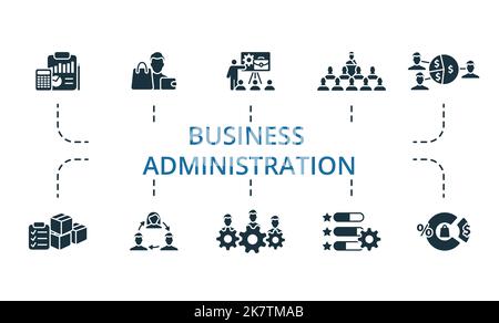 Business Administration-Symbolsatz. Monochrome Symbolsammlung „Simple Business Administration“. Buchhaltung, Einkäufer, Berufsausbildung, Seminar, Gewinn Stock Vektor