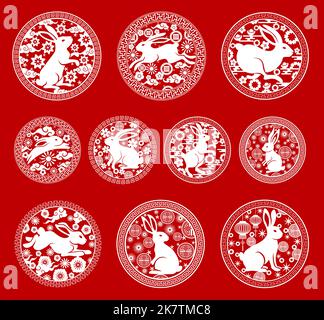 Chinesische Neujahr Horoskop Kaninchen runde Symbole. Tierkreis-Tiervektorsymbole mit Papiermuster asiatischer Laternen, Glücksmünzen und Kirschblüten, orientalischen Wolken, Sternen und geometrischen Ornamenten Stock Vektor