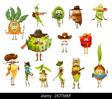 Cartoon Gemüse Cowboy, Ranger, inder, Sheriff, Räuber und Bandit lustige Charaktere. Vector Kohlrabi, Blumenkohl und Erbse, Sojabohnenschote, Artischocke und Kartoffeln, chinakohl, Paprika, Oliven Stock Vektor