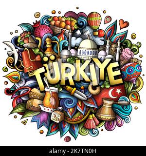 Türkei handgezeichnete Cartoon Kritzeleien Illustration. Witziges Reisedesign. Stock Vektor