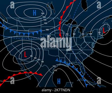 Vorhersage Wetter Isobar Nacht Karte von USA. Meteorologiediagramm mit Windfront und Temperatur. Synoptische isobare Karte, Klima- und Klimatologie-Vektor-Infografiken mit Temperaturdaten Stock Vektor
