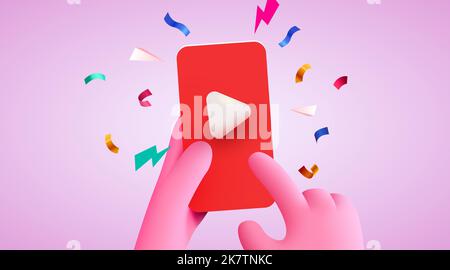 Telefon mit Handhaltung und Videoplayer. Video-Streaming und Vlog-Konzept. Vektorgrafik für Websites und Banner-Design Stock Vektor