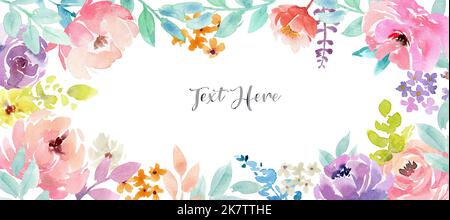 Aquarell horizontales Banner mit den hellen Rosenblüten im Boho-Stil. Aquarell Rahmen der Blumen Rand. Stockfoto