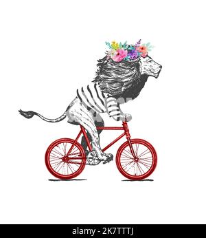 Löwe trägt T-Shirt und Kranz Fahrten Fahrrad Vektor Illustration. Vintage Mascot Lion Cycle Bike isoliert auf Weiß Stock Vektor