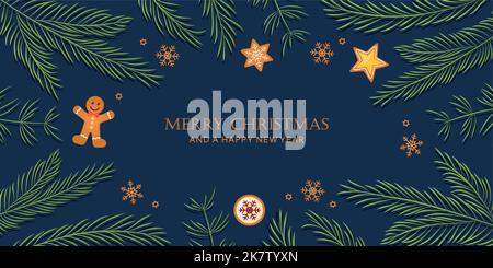 weihnachtlicher Hintergrund mit Tannenzweigen und Lebkuchen Stock Vektor