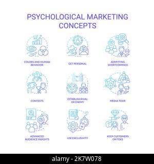 Psychologische Marketing-Strategien Konzept blauen Gradienten Symbole gesetzt Stock Vektor