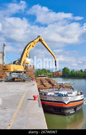 Große Barge „Le Condor“, beladen mit Holz im Flusshafen von Villefranche sur Saone, Umschlag und Verladung von Holzstämmen für eine Papierfabrik in Tarasc Stockfoto