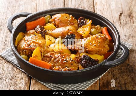 Salvadorianischen Hühnereintopf mit Chicha, Pflaumen, Karotten, Kartoffeln, Oliven und Zwiebeln aus nächster Nähe in einer Pfanne auf einem Holztisch. Horizontal Stockfoto