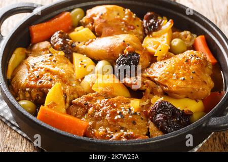 Gallo en Chicha ist ein Hahn, der in einem fermentierten Maisgetränk mit Gemüse und Gewürzen in der Pfanne auf dem Holztisch zubereitet wird. Horizontal Stockfoto