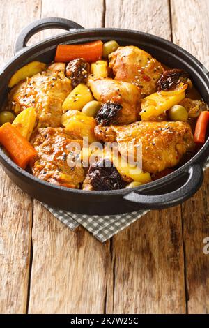 Geschmortes Hühnerfleisch mit scharfer Sauce, Pflaumen, Karotten, Kartoffeln, Oliven und Zwiebeln in einer Pfanne auf einem Holztisch aus nächster Nähe. Vertikal Stockfoto