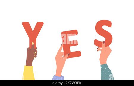Gruppe verschiedener weiblicher Hände mit rotem Wort Ja. Verschiedene multiethnische Menschen sind zusammen. Vektor handgezeichnete Illustration im Cartoon-Stil Stock Vektor