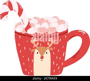 Niedlicher Becher mit Marschmalchen und Zuckerrohr im Cartoon-Stil. Handgezeichnete Vektordarstellung der roten Tasse mit liebem, heißem Getränk. Stock Vektor