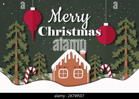 Inschrift Frohe Weihnachten und Neujahr vor dem Hintergrund einer Winterlandschaft mit einem Lebkuchenhaus, Süßtannen und Weihnachtsspielzeug in Papier Stock Vektor