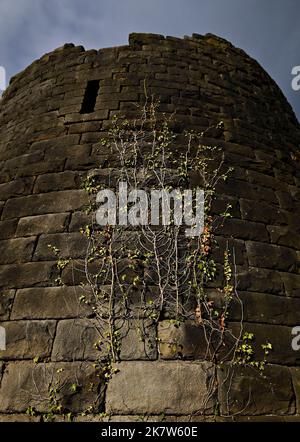 Rivington. VEREINIGTES KÖNIGREICH. 19. Oktober 2022. Rivington Reservoir. Ivy wächst im Sonnenschein am Rande des Schlosses Liverpool auf. Liverpool Castle steht am Ufer des unteren Rivington Stausees und ist eine maßstabsgetreue Nachbildung des Originals, das nicht mehr existiert. Stockfoto