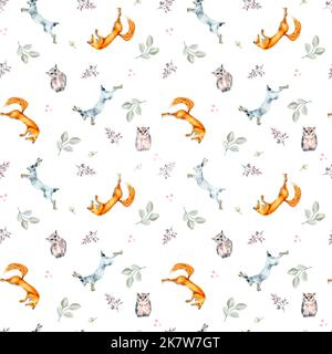 Wildtiere, Hasen, Fuchs, Eule und Pflanzen Aquarell nahtloses Muster auf Weiß isoliert. Winter Walddruck, handgezeichnet von Wald. Design für Textil, w Stockfoto
