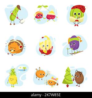 Cartoon Obst und Gemüse Set. Niedliche Kawaii-Figuren in den Weihnachtsferien. Verschiedene Winteraktivitäten. Eine Sammlung von Maskottchen für die Gestaltung von Grußkarten, Spruchbändern, Postern. Stock Vektor