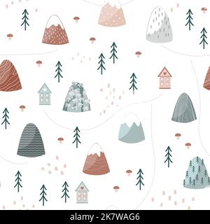 Berglandschaft mit Bäumen und Häusern. Kindliche Cartoon nahtlose Muster in skandinavischem Stil. Vektorstruktur. Stock Vektor