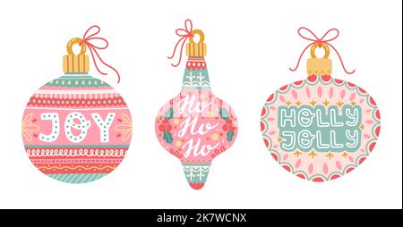 Weihnachtsschmuck Kugeln Set mit Schriftzug flach Design Vektor Stock Vektor