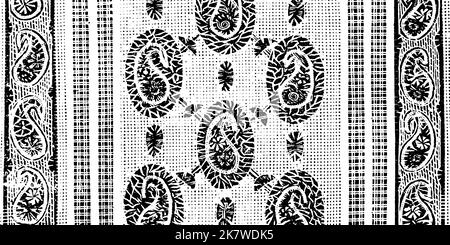 Schwarz und Weiß Dekorative Retro-Effekt-Illustration, Muster im Stoffstil - Vintage-Grafik-Illustration im Gravurstil Stockfoto