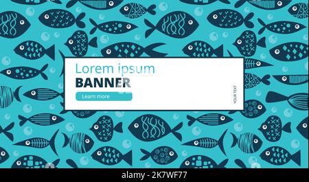 Eine Reihe von verschiedenen, ungewöhnlichen, hellen Fischen. Muster für Textilien. Handgezeichnete Vektorgrafik. Unterwasserwelt. Cartoon Contour Style blaue Farben Stock Vektor