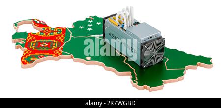 Bergbau in Turkmenistan, Konzept. ASIC Bergmann mit turkmenischer Flagge. 3D Darstellung isoliert auf weißem Hintergrund Stockfoto