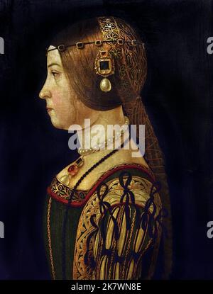 Porträt von Beatrice d ' Este 1495 von Alessandro Araldi 1460-1528 Italien (Beatrice d ' Este 1475 –1497 Herzogin von Bari und Mailand durch Heirat mit Ludovico Sforza (genannt "il Moro"). Sie wurde als eine der schönsten und versierten Prinzessinnen der italienischen Renaissance bekannt. ) Stockfoto